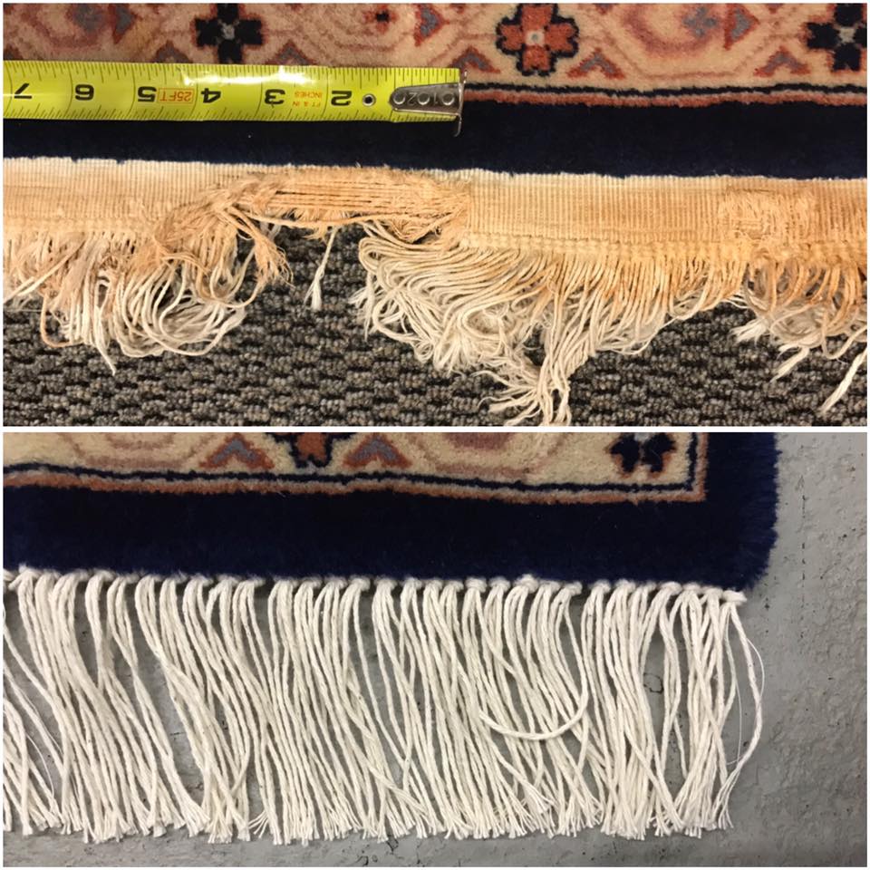 Hand-made rug fringe repair before and after